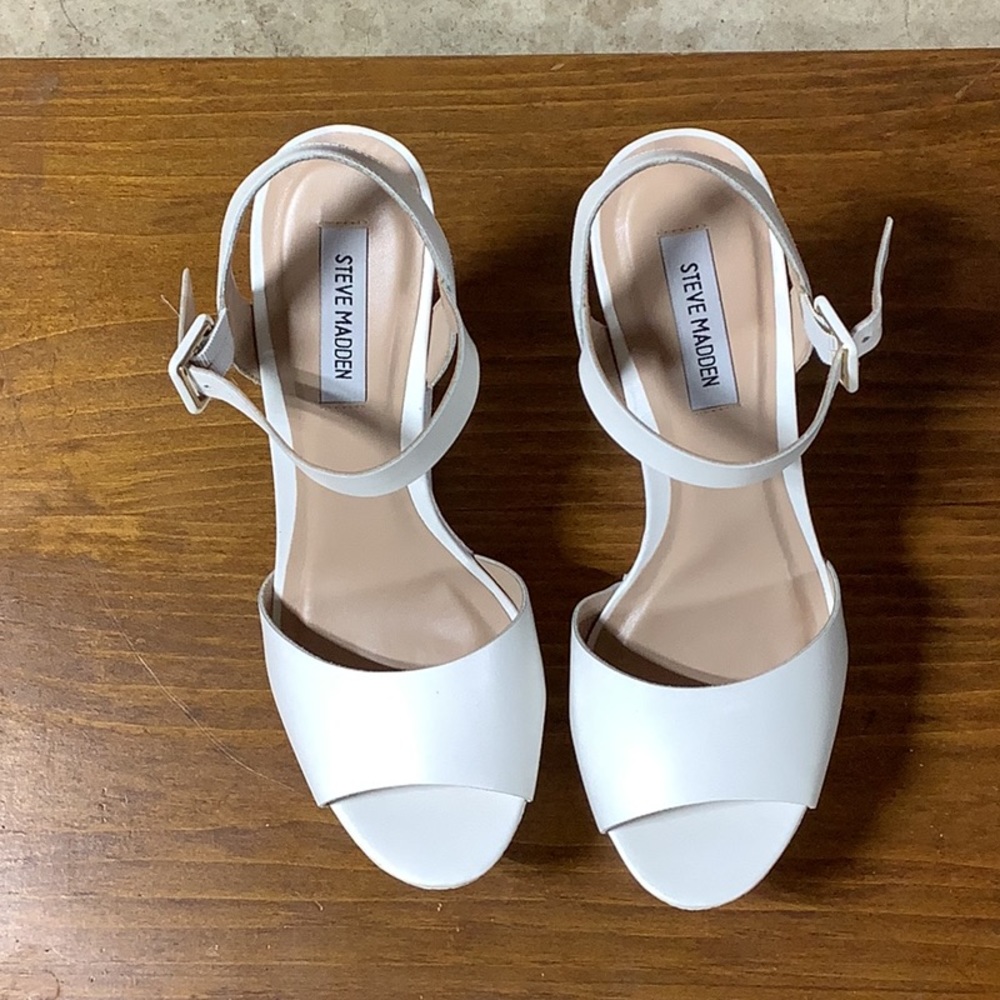 White leather wedge sandals